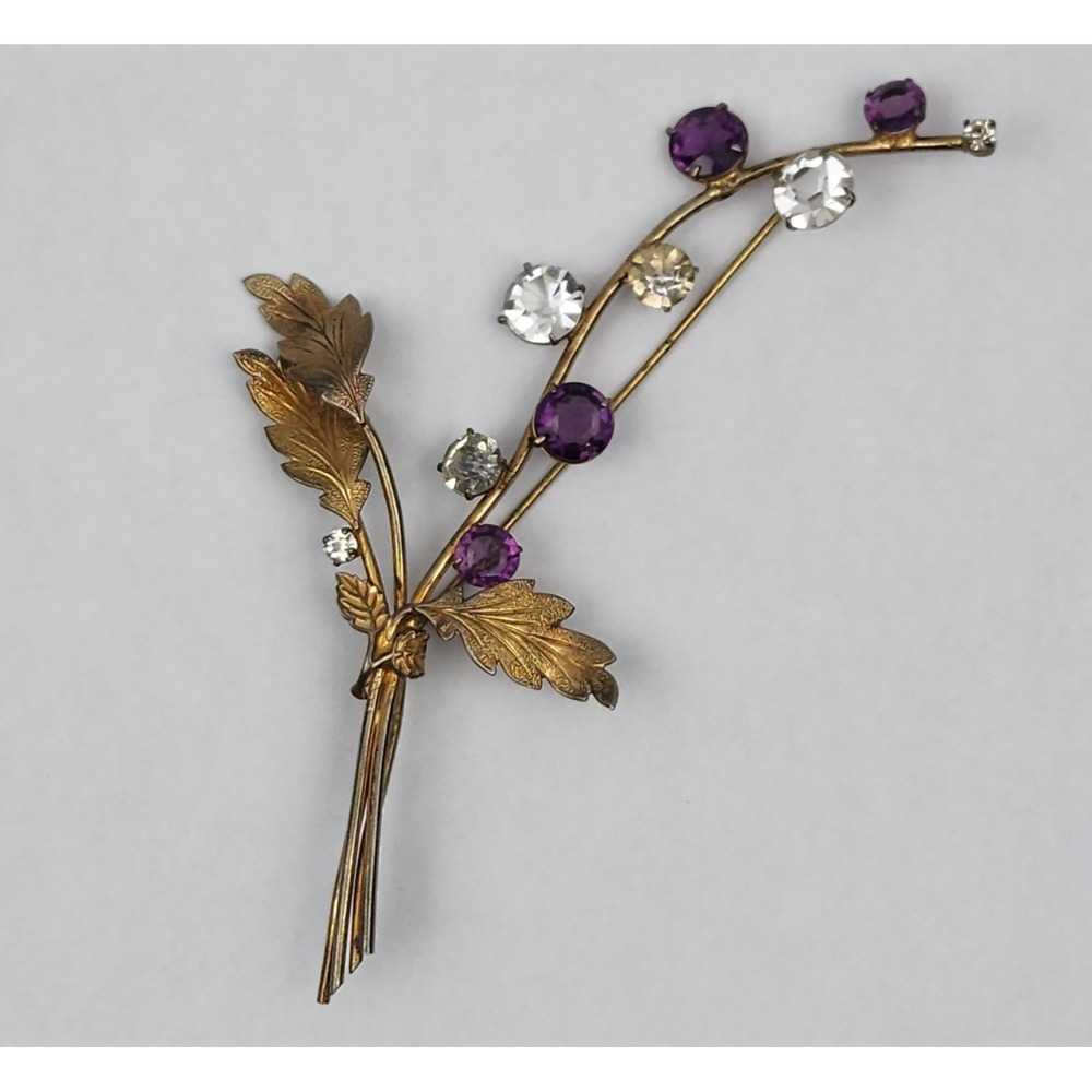 Jay Kel Sterling Floral Spray Brooch‎ Purple Clear Austrian Crystal Vintage